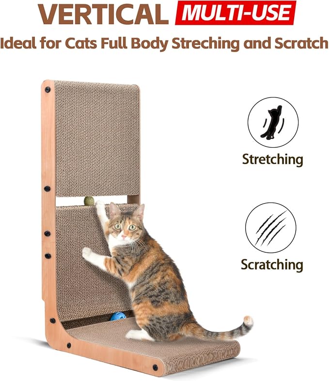 AUSCAT L-Shape Cardboard Cat Scratcher, 27.2 Inch Vertical Cardboard Scratcher for Indoor Cats with 2 Built-in Toy Balls