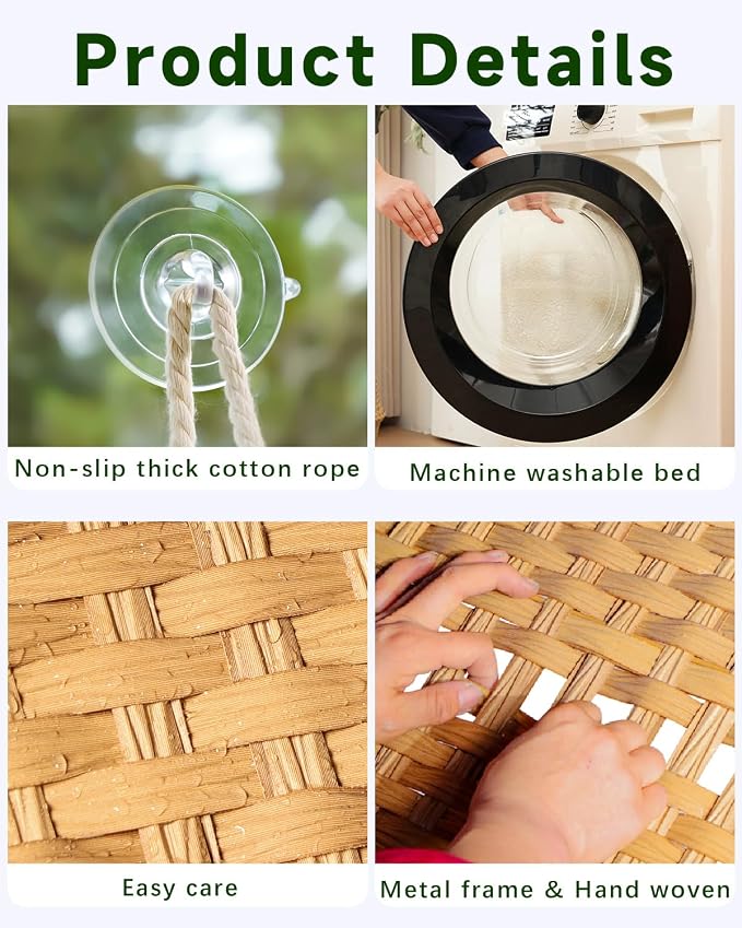 SETVSON Cat Window Perch Cat Window Hammock Bed, PE Rattan, Natural | 360° Clear View Bird Watching Seat, Sunbathing Shelf with 4 Suction Cups, 2.3 Inch Fence, Removable Washable Cushion