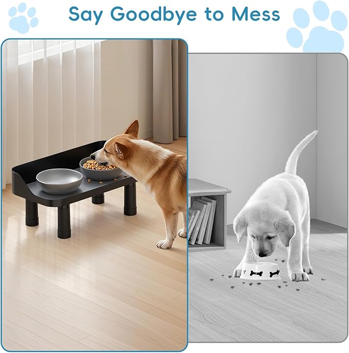 Raised Dog Food Bowl Stand Feeding Station Adjustable 16in Wide | 3 Adjuastable Heights, with Splash Gard, Pet Cat Large Dogs Universal, No Bowl Included