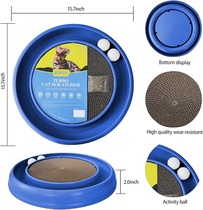 Cat Scratcher Toy Ball Track, Blue | Round Interactive Scratching Board, Exercise Set, Indoor Cats, Adult and Kitten, Mental & Physical Stimulation