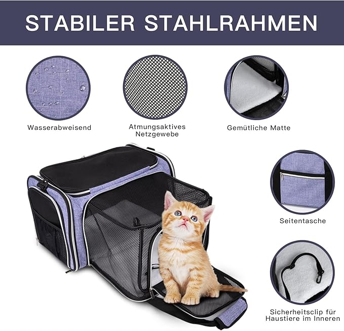 BAGLHER Expandable Cat Carrier with Travel Litter Box, Pet Travel 5 Sides Open Doors 3 Sides, Leak-Proof and Collapsible, for Car, Airplane Trip, Purple