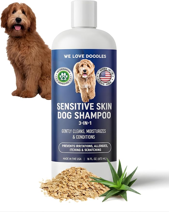 Dog Shampoo for Sensitive Skin with Oatmeal & Aloe, Hypoallegenic Tearless | Soothes Itching, Scratching & Allergies, Natural Sensitive Skin Dog Shampoo, Tear Free For Cats & Pets, 16OZ, Made in USA