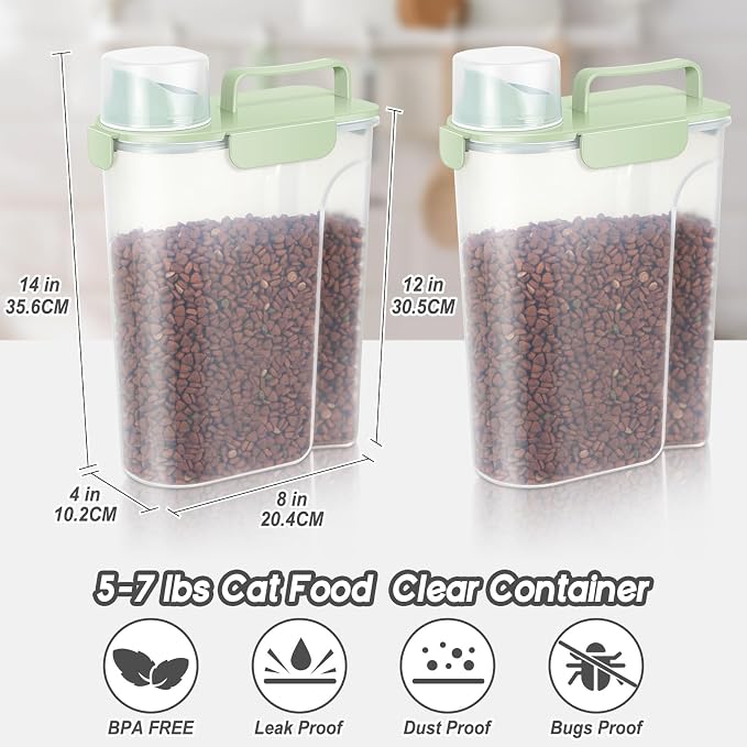 LEAWALK 5Lbs /6Qt/5L Airtight Cat Dog Food Storage Container with Upgraded Large Nozzle BPA-Free, Pet Food Storage Containers for Rice, Grain, Pet Food, Flour, Dog Treat Storage-2 Pack Green