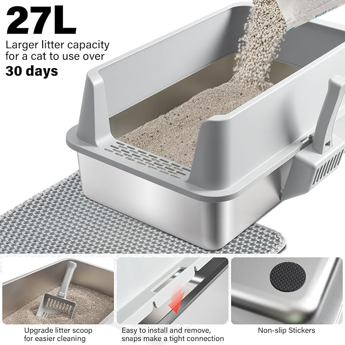 Stainless Steel Cat Litter Box with Lid,XL Extra Large Litter Box | Metal litter box for Big Cats with High Sided,2Pack,Non-Sticky,Easy Cleaning, Include Litter Mat & Scoop,23x14.6x9.9in