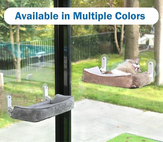 Zakkart Foldable Cat Hammock for Window with Bolster - Cordless, Three-Side Bolstered Machine Washable Fluffy Bed, Robust Metal Frame - Cat Window Perch for Large Cats and Kittens - Brown/White