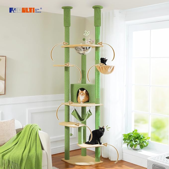 PEQULTI Floor to Ceiling Cat Tree, 92.9-101.6in Adjustable Cat Tower, Green | Adjustable tower braces floor to ceiling; cozy condo, large hammock, perches & 9 sisal posts on fan base with anti-tip strap
