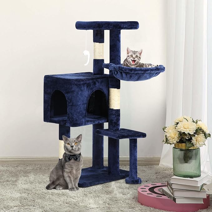 BestPet | 37" Cat Tree Tower | Navy Blue | Sturdy Multi-Level Cat Tree with Plush Condo, Cozy Perch, Sisal Scratching Posts, Hanging Toy and Hammock | Easy Assembly | for Kittens & Adult Cats
