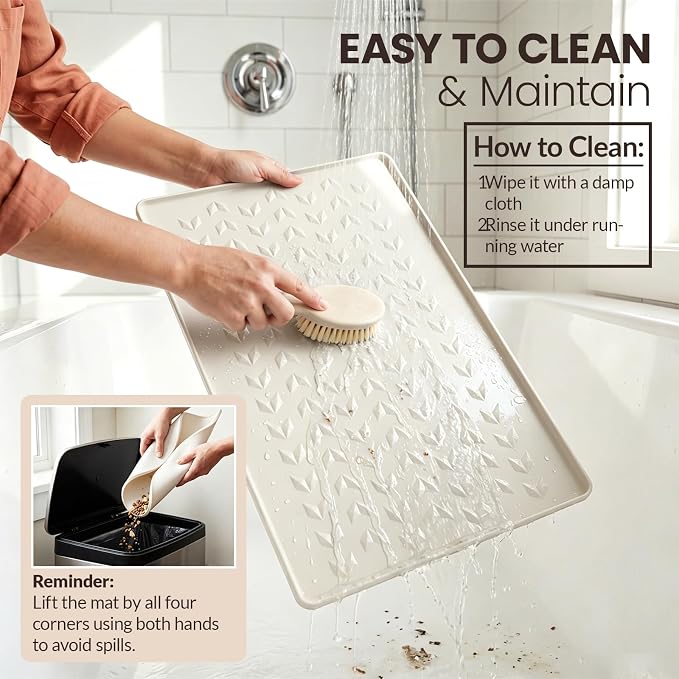 Pet Feeding Mat - 100% Waterproof Dog & Cat Bowl Pad with Raised Edges - Protects Floors from Messy Eaters & Spills - Anti-Slip, 100% PET-Safe, Dishwasher Safe (22"x14"x0.4", Beige)