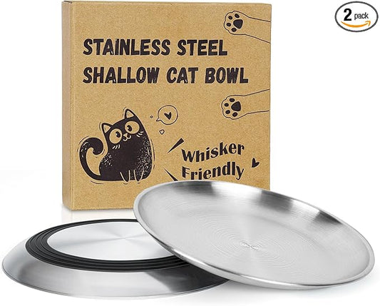 Supet Cat Plates Whisker Friendly, Non Slip Dish for Wet Food, Shallow Wide Flat Bowls Stainless Steel Metal for Indoor Cats, Kitten, Small Dog (13Oz, 2Pcs)