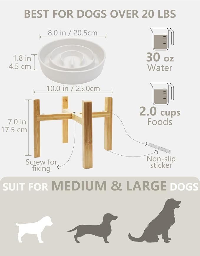 Ceramic Slow Feeder Dog Bowls Elevated, 2.0 Cups Slow Feeder for Medium Dogs, Puzzle Maze Bowl to Slow Down Eating, 30oz, 8in, White