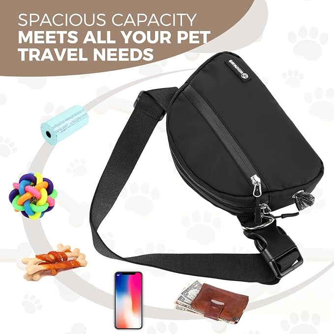 Dog Treat Pouch Pet Training Walking Fanny Pack with Built-in Poop Bag Dispenser & Waste Bag Holder | Stylish Puppy Training Essentials Supplies | Free Dog Clicker (Black)