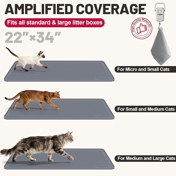 Cat Litter Mat, 34"x22" Waterproof Silicone Pad, Pink | Large Size, Urine-Proof Pad, Litter-Trapping Waves, Non-Slip, Easy Clean, Paw-Safe, for Litter Box, Floor Mat