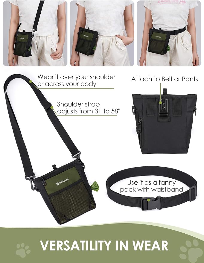 4 Cup Dog Treat Pouch with Silicone Insert Bag& Clicker(Army Green) | 2 Pair Magnetic Closures, Belt Clip/Waist Belt/Crossbody Wear, Zipper Pocket Poop Bag Holder for Pet Training/Daily Walking