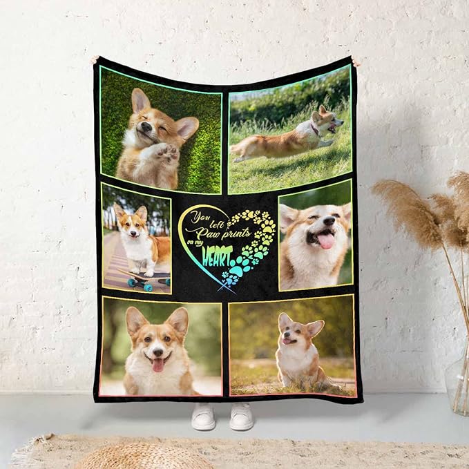 Custom Memorial Blanket for Dog, You Left Paw Prints in My Heart Blanket Customized Loss of Pet Dog Photo Fleece Throw Blankets Warm Bereavement Gift for Dog Mom 40X50 Inch