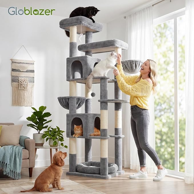 Globlazer Sturdy Extra Large Cat Tower for Indoor Cats, S81C, Light Grey | 81 inch Heavy Duty Cat Tree for Indoor Large Adult with 8 Scratching Post, 2 Cat Condos, 2 Platform