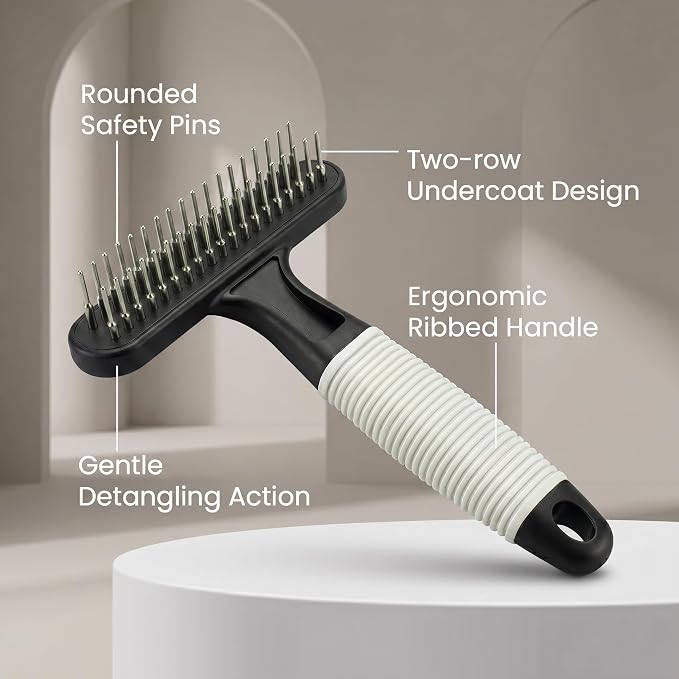 POODLIE Poodle Pet Dog Grooming Rake | Dematting Tool with Stainless Steel Shedding Comb for Pets | 2 Rows of Pins Gently Remove Loose or Tangled Hair from Undercoat (Black)