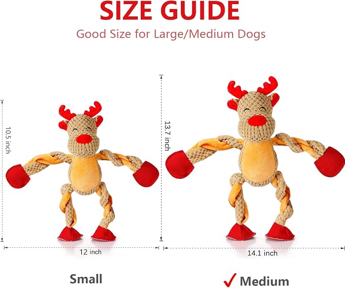 Senneny Christmas Dog Toys, Squeaky Reindeer Plush with Ropes for Tug of War, Durable Interactive Chew Toys for Puppy Small Medium Large Dogs