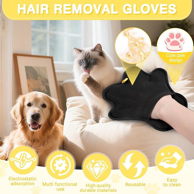 Pet Hair Removal Glove for Cats and Dogs,Upgrade Reusable Electrostatic Magic Brush Pet Hair Removal Grooming Gloves Tool for Furniture, Bed Sheets,Couch,Clothes,Carpet,Car Seat (2)
