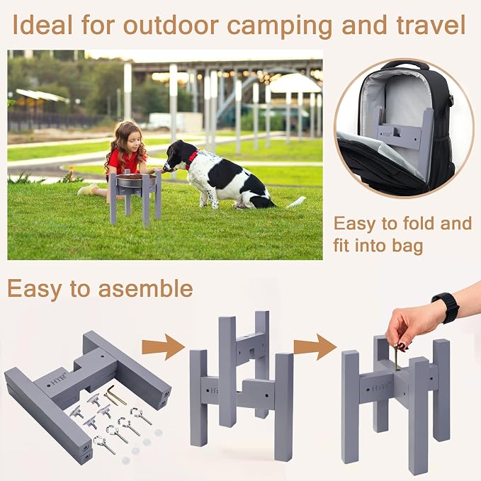 Elevated Dog Bowl Stand Adjustable Dog Food Holder 10”H Medium Grey | 10” Elevated Dog Bowl Stand, Medium Dogs, Adjustable, Fits 7”-10” Bowls, Single Bowl Holder, Natural Bamboo, Classic Grey