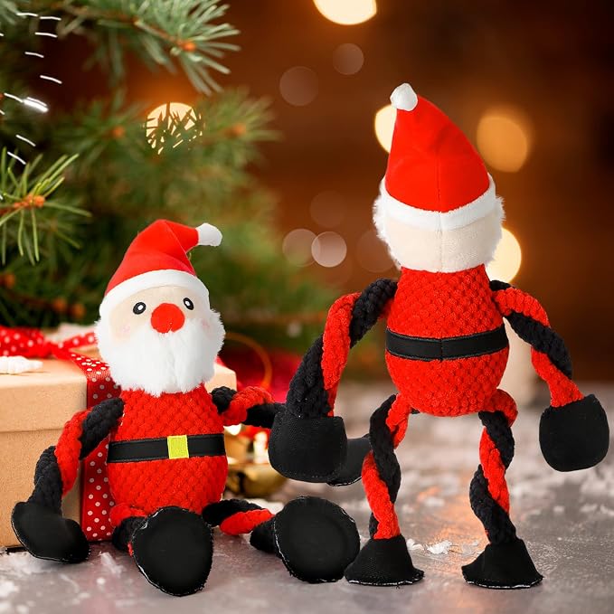 Senneny Christmas Dog Toys, Squeaky Santa Plush with Ropes for Tug of War, Durable Interactive Chew Toys for Puppy Small Medium Large Dogs