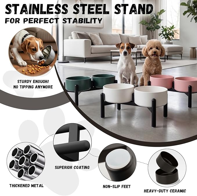 Raised Ceramic Dog Bowl Set - Elevated Double Dishes with Stainless Steel Stand - Food and Water Bowls for Small to Medium Dogs - Each Holds 3.5 Cups (29.57 fl oz) - Pink