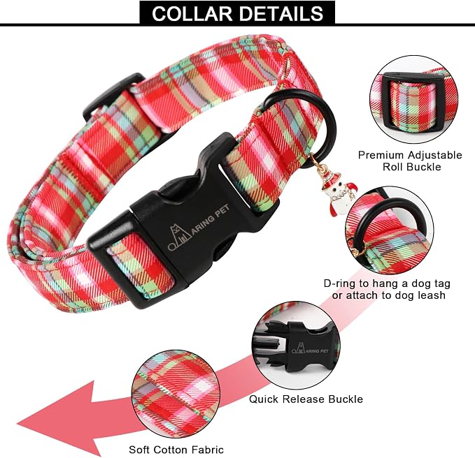 ARING PET Christmas Dog Collar-Cute Red Green Plaid Adjustable Xmas Snowman Pet Collars with Quick Release Buckle for Puppy Small Medium Large Girl&Boy Dogs-M