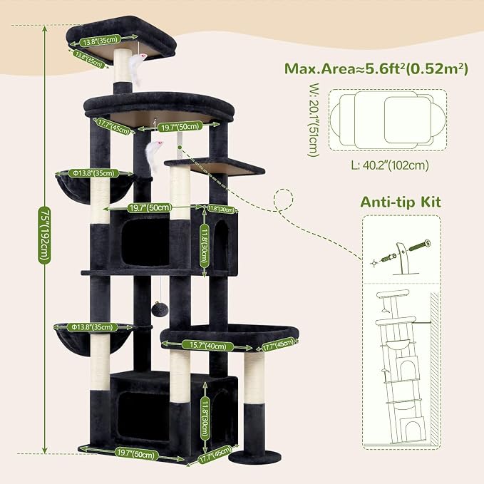 Globlazer 75in Sturdy Cat Tree Tower for Indoor Large Cats, S75, Dark Grey | Multi-Level Heavy Duty Cat Tower with Scratching Post, Oversized Condos & Perches for Big Cats, Large Baskets, Enlarged Base