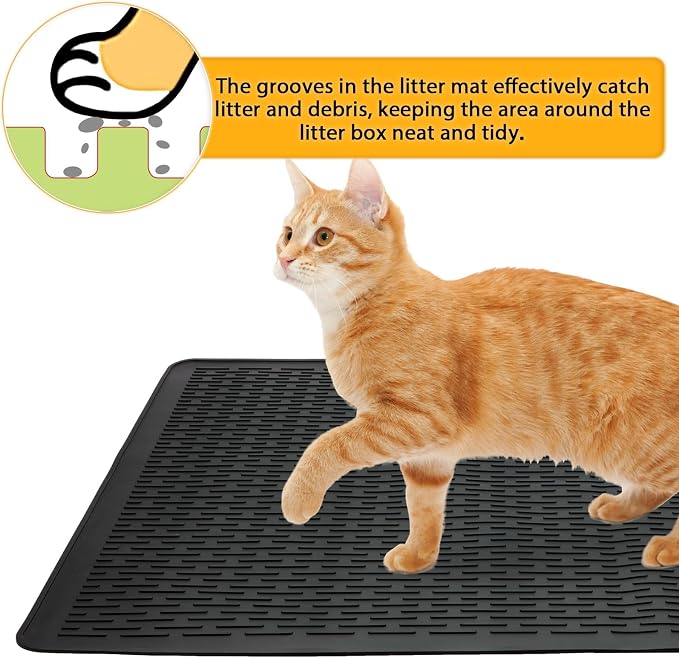 Cat Litter Mat, 39x27in Litter Box Mat Fits 1-2 Litter Boxes, Black | Large Litter Trapping Mat, Rubber Cat Mat with Raised Edges & Textured Surface, Non-Slip Bottom, Washable Easy Clean