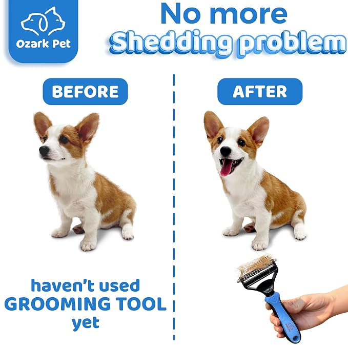 Grooming Brush for Dog/Cat with 2 Sided Grooming Brush for De-Shedding, De-Matting Reduces Shedding up to 95%, Great Short to Long Hair (Blue, Large)