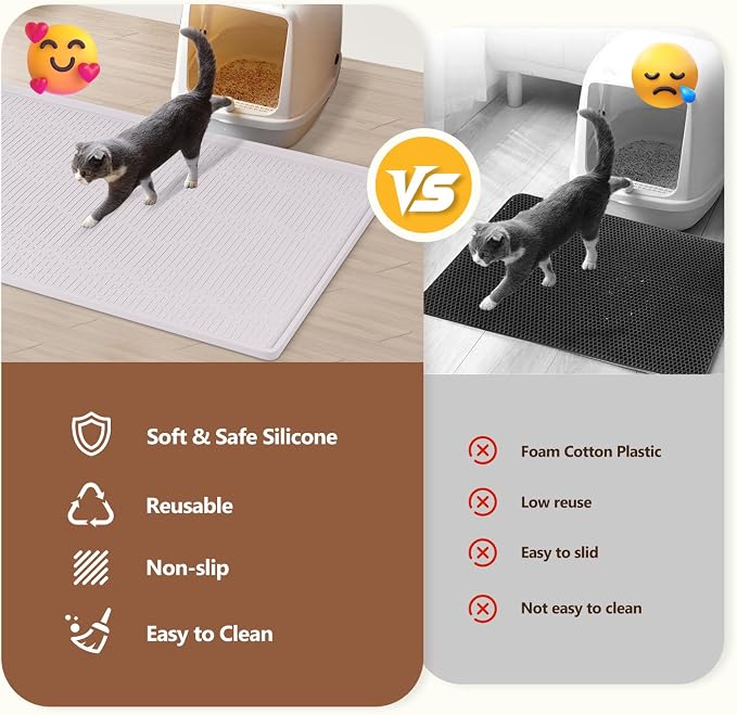 Silicone Cat Litter Box Mat 38'' x 25'' Cat Mat with Toy, White | Extra Large Litter Mat with lip, Non-Slip Waterproof Cat Litter Mat Litter Trapping Mat for Floor, Easy to Clean