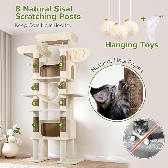 Globlazer Giant Tall Heavy Duty Cat Tower for Indoor Large Cats, F83B | XXL Multi-Level Large Cat Condo with 8 Scratching Posts, Hammock, 2 Cat Caves, 2 Platform, Beige