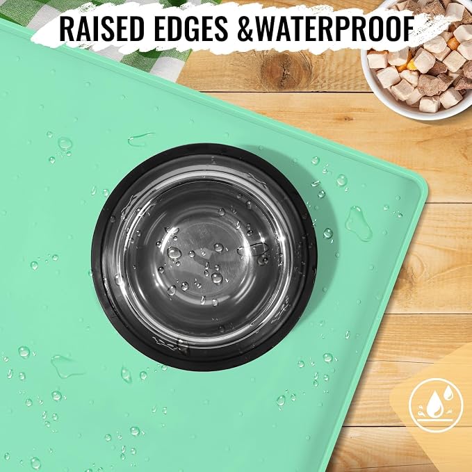 MateeyLife Dog & Cat Food Mat - Waterproof, Nonslip Dog Bowl Mats with Raised Edges, Silicone Matt Tray for Messy Drinkers, 22"x14", MintGreen