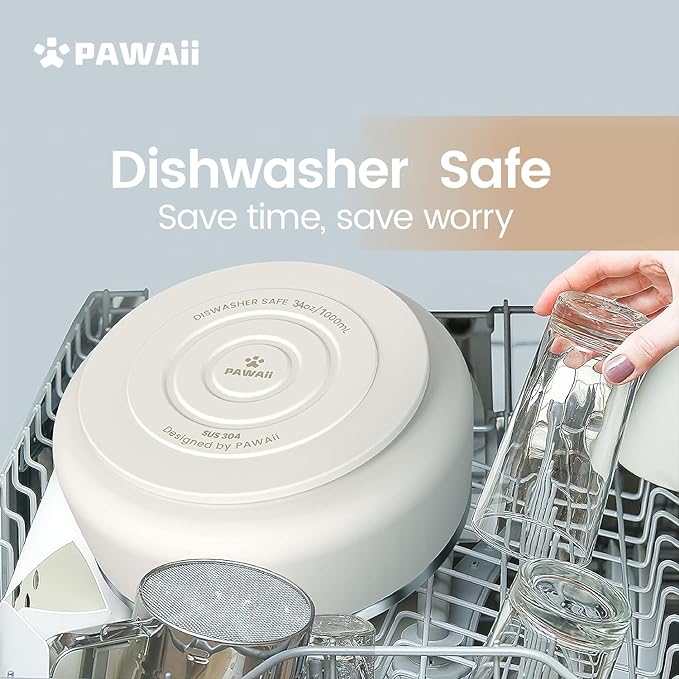 Pawaii Dog Bowl, 34 oz Stainless Steel Food and Water Bowl, ID Tag, 1 Pack | Double-Wall Design,Non-Slip Rubber Base,Dishwasher Safe,Smooth Open Design, Not a Slow Feeder,Easy-Rinse Interior