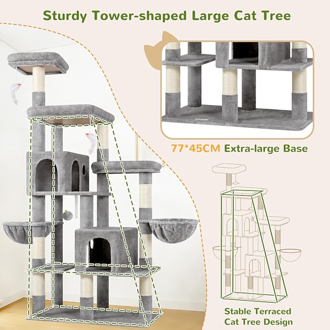 Globlazer 74in Large Sturdy Cat Tree for Large Cats, F74F, Light Grey | Tall Maine Coon Cat Tower for Indoor Cats Large Adult with 8 Scratching Posts, 2 Spacious Cat Condos, 3 Perches