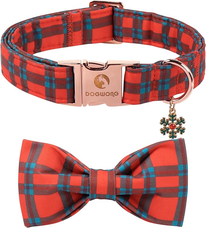 DOGWONG Christmas Dog Collar with Bow Tie, Red Green Plaid Dog Collar Durable Metal Buckle Adjustable Soft & Cute Red Checkered Dogs Collars for Small Medium Large Dogs, M