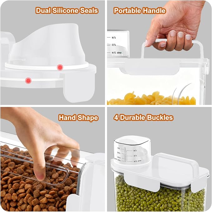 Uppetly Dog Cat Food Storage Container, 5-7Lbs Pet Food Containers, Airtight Cat Food Container with Portable Handle & Measuring Cup, Small Animal Dry Food Dispenser for Dogs, Cats and Birds White
