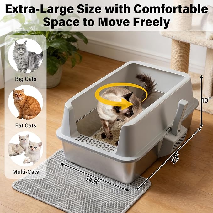 Stainless Steel Litter Box with Lid L to XL, XLarge Metal Litter Box for Big Cats, High-Sided Cat Litter Boxes for Anti Urine Splash, Odor Control,Easy to Clean, Includes Scoop and Mat