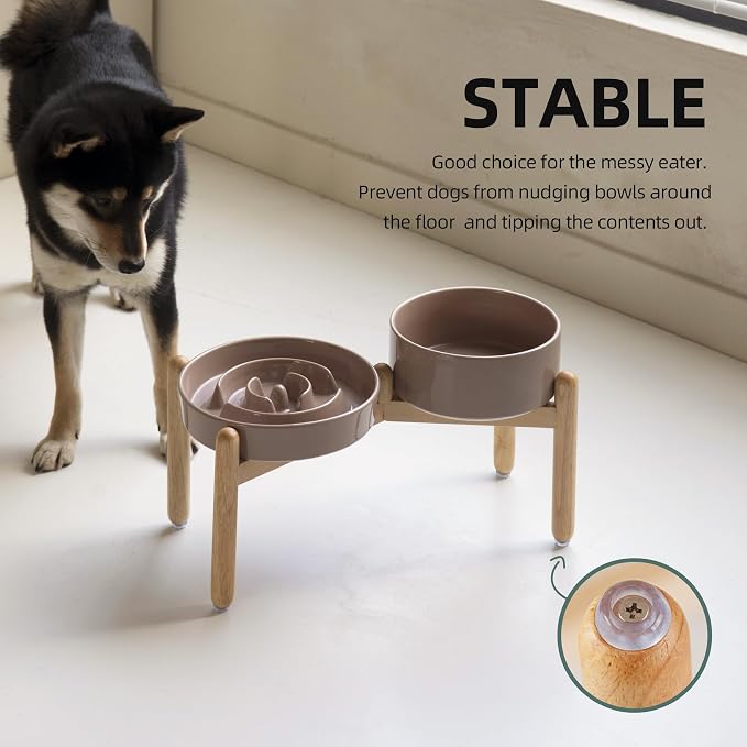 Havniva 8.2” Raised Slow Feeder Dog Bowls Set, 1.6 Cups Ceramic Slow Feeder Dog Bowl and 7.3” Dog Water Bowl with Elevated Wooden Stand Puzzle Dog Food Bowl for Medium Dogs Anti-Gulping & Anti-Choking