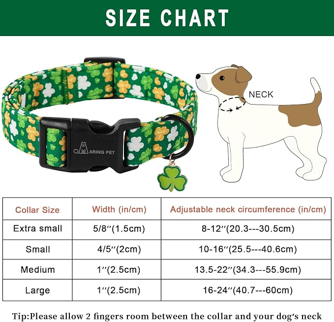 ARING PET St Patrick's Day Dog Collar-Cute Green Adjustable Shamrock Trefoil Pet Collars Puppy Collar Gifts with Quick Release Buckle for Girl&Boy Dogs-XS
