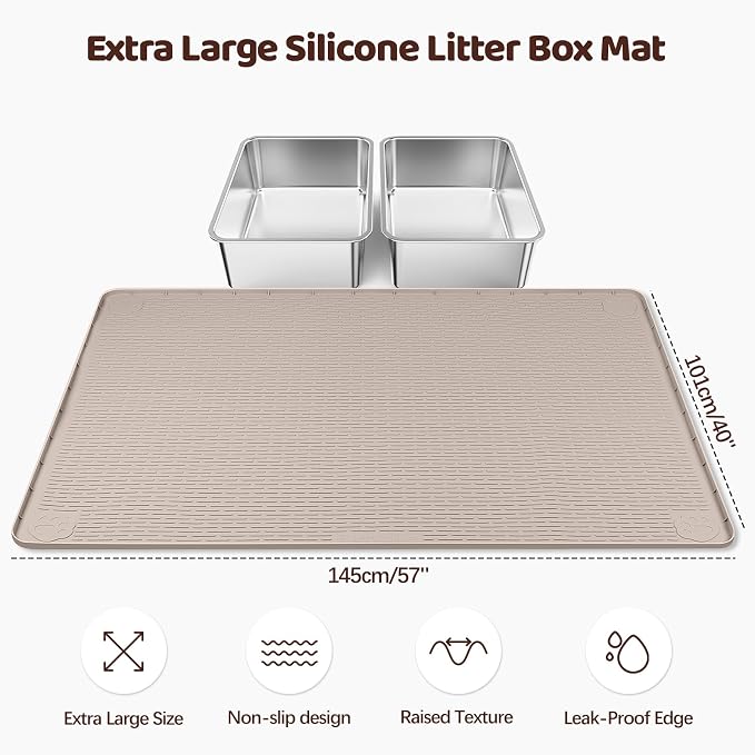 Silicone Cat Litter Mat for Litter Box 57”x40” Large Cat Mat, Khaki | Waterproof, Non-Slip, Leak-Proof Rug Mat with Lip, Easy to Clean, Extra Large Litter Catcher Mat for Floor