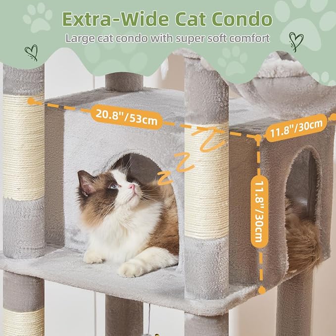 Taoqimiao Heavy-Duty Cat Tree, 71 in Cat Tower for Large Cats 20lbs+ | 3 Giant Multi-Tier Perches, Widened Cat Condo with 9 Scratching Posts, Plush Hammock & Basket, Toys, Light Gray, MS034W