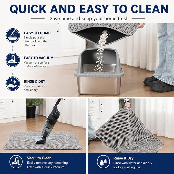 Large Cat Litter Mat 30 x 24 Inch, Double-Layer Honeycomb Litter Trapping Mat with Waterproof Leatherette Bottom, Urine-Resistant, Non-Slip, Easy to Clean, Gray