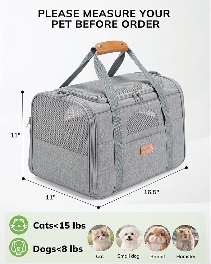 Morpilot Airline Approved Cat Carrier, 16.5" x11" x11" Soft-Sided Pet Travel Carrie with 4-Sided Mesh Ventilation for Cats & Puppies up to 15lbs (Light Gray)
