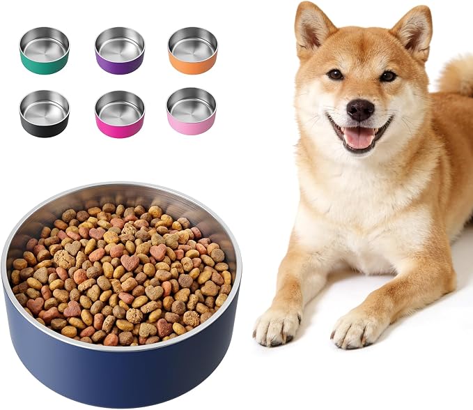 LIHONG Stainless Steel Dog Bowls for Large Dogs,Dog Food Water Bowls with Non Slip Rubber Bottom,Pet Feeding Bowl,Double Wall Insulated,Rustproof(64oz,Blue)