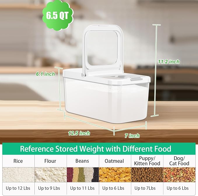 12 Lbs Rice Flour Sugar Storage Containers Dry Food Holder with Flip-up Lid | Airtight 6.5 Qt Crystal-Clear BPA Free Plastic Pet Dog Food Storage Container Bin for Kitchen Pantry Organization