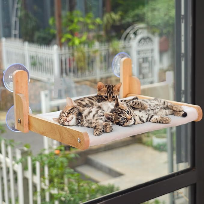 Cat Window Perch, Foldable Cat Hammock with Faux Rabbit Fur Cover | Wooden frame, four suction cups and removable washable cushion; no-drill setup, 20.47 x 14.96 in resting area for large cats.
