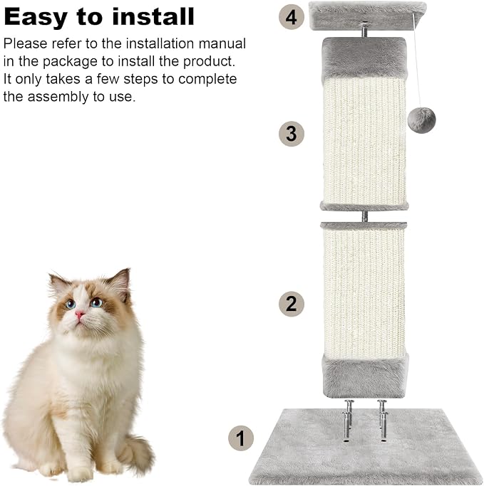 Cat Scratching Post 33 inch for Indoor Cats, Sisal Cat Scratcher, Vertical Posts with Dangling Ball, High Cat Scratch Post, Cat Tree for Full-Body Stretching, Protect Your Furniture, Light Grey