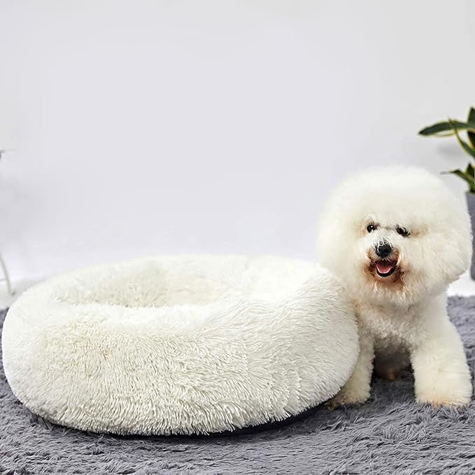 HACHIKITTY Calming Donut Cuddler Dog Bed, Round Fluffy Pet Bed for Small Dogs,Washable, Large, White, 24''