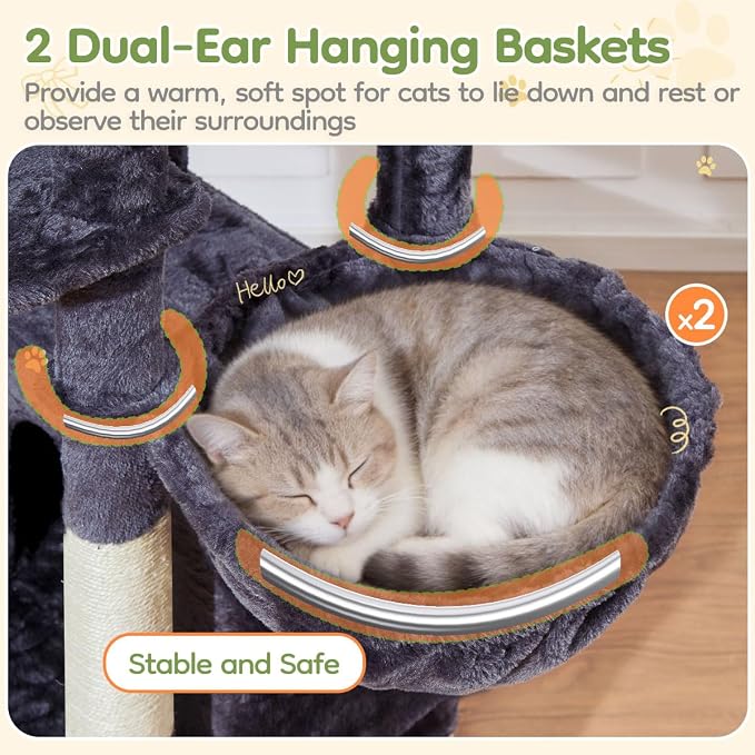 Taoqimiao Cat Tree for Large Cats, 76.8 Inches XL Cat Tower for Indoor Cats | 2 Scratch Boards, 3 Top Perches, 9 Scratching Posts, Multi-Level Cat Tree with 2 Condos, 2 Cozy Basket, Smoky Gray, T20G