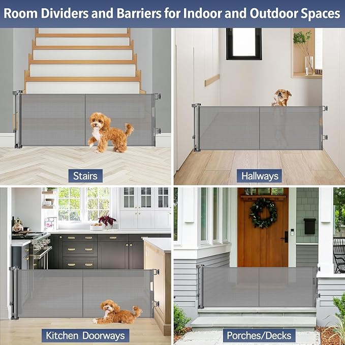 Reinforced 18 Inch Tall Retractable Pet Gate Short Dog Gates to Step Over, 55" Wide Small Dog Gate Indoor Outdoor Retractable Gate, Low Dog Gate Doggy Gate Puppy Gates for Doorways, Stairs, Gray